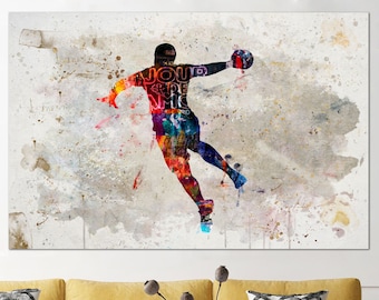 Abstract Handball Player Print on Canvas Handball Player Silhouette Multi Panel Wall Art Watercolor Style Poster Sport Motivational Print