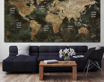 Large Vintage World Map Canvas – Rustic Earth Tone Travel Wall Art for Home Office Decor
