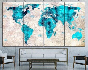 Creative World Map Push Pin Print On Canvas Turquoise Original Gift Water and Land Wall Art for Office Art Wall Hanging Decor for Home Decor