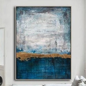 Art mural moderne, peinture océan, peinture bleu marine, peinture à la feuille d'or, peinture murale texturée, peinture paysage marin, peinture abstraite, art minimaliste