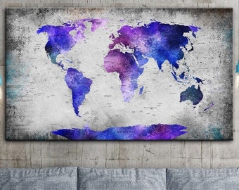 Wall Hanging Purple World Map On Grey Modern Poster Original Gift for Traveler Wall Art Decor for Office