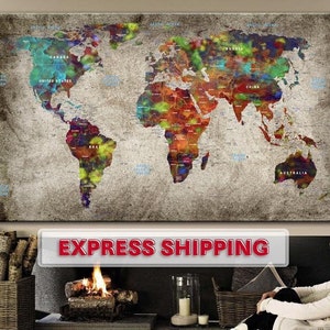 Push Pin Mappa del mondo Stampa su tela Mappa colorata del mondo Arte murale Mappa geografica del mondo Poster Multi Panel Arte da parete per l'arredamento della casa