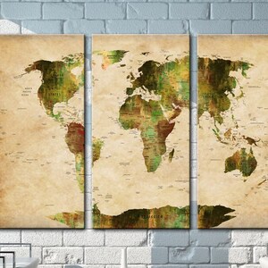 Oude stijl push pin wereldkaart canvas kunst bruin en groen kaart afdrukken op canvas multi panel print moderne kaart kunst voor woonkamer muur decor