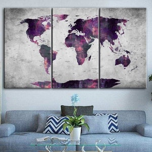 Grote paarse wereldkaart Canvas antieke wereldkaart grijze print kunst canvas kunst aan de muur set foto afdrukken kaart minimal art woonkamer muur afdrukken