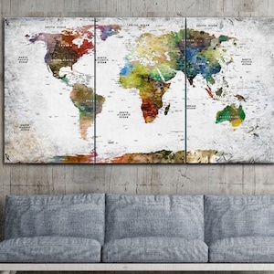 Kleurrijke Wold kaart canvas muur kunst moderne punaise wereldkaart bruin grijs multi paneel print originele foto print muur hangende decor voor kantoor