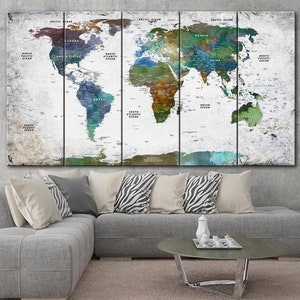 Grijsgroene wereldkaart Canvas Wall Art Kleurrijke aquarelkaart van de wereld Multi Panel Photo Print Origineel kantoormuurhangend decor