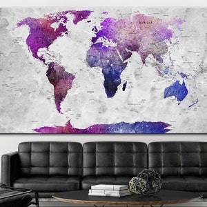 Aquarel wereldkaart muurkunst paarse en blauwe moderne kaart print grote abstracte geografie poster voor kantoor- of woonkamerinrichting