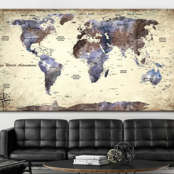 Push Pin World Map Print Brown Antique Map Of The World Multi Panel Print Creative Office Wall Hanging Decor