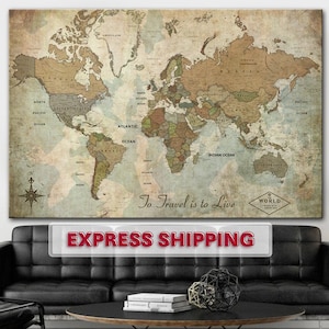Vintage Wereldkaart Oude Wereldkaart gepersonaliseerde wereldkaart Grote wereldkaart Canvas Wereldkaart Muur Decor Bruine Prints Home Decor Multi Panel Art