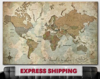 Vintage World Map Art Print, To Travel is to Live Quote Poster, Retro Large Map Wall Art, Rustic Travel Gift, Giclee Fine Art Paper Print