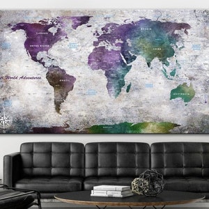 Grote wereldkaart Originele kleurrijke reiziger gift creatieve paarse en groene wereldkaart kunstdecoratie voor kamer