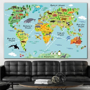 Levendige extra grote push pins wereldkaart muurkunst moderne kunst aan de muur met meerdere panelen kleurrijke blauwe print cadeau voor decor kinderkamer