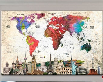 World Map Canvas Wall Art Colorful Map Of The World Multi Panel Print Original Educational Map Wall Hanging Decor for Living Room Wall Decor