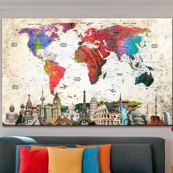 World Map Canvas Wall Art Colorful Map Of The World Multi Panel Print Original Educational Map Wall Hanging Decor for Living Room Wall Decor