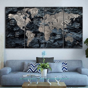 Dunkle Weltkarte Reise-Druck Original Karte der Welt Foto-Druck Lern-Multi-Panel-Druck Abenteuer Karte Wandbehang Dekor für Büro
