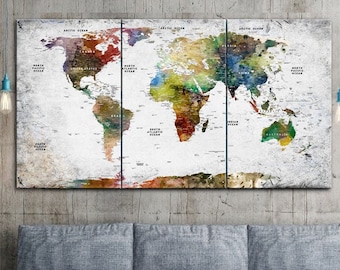 Colorful Wold Map Canvas Wall Art Modern Pushpin World Map Brown Gray Multi Panel Print Original Photo Print Wall Hanging Decor for Office