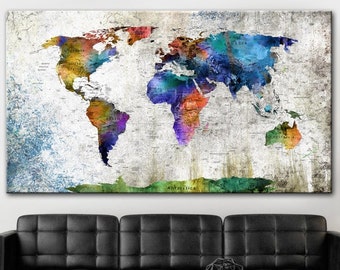 Grande mappa del mondo Stampa tela Colorato Mappa del mondo Poster Wanderlust Mappa del mondo Stampa Mappa avventura Poster Parete Appendere Decor