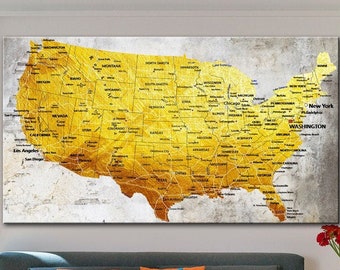 USA Map Canvas Wall Art Old Gold United States Map Multi Panel Print Modern Wall Hanging Decor for Living Room