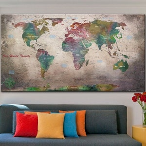 Carte du monde impression art mural vert style ancien carte grise colorée du monde impression multi-panneaux moderne Georgaphy Decor salon bureau art mural