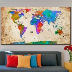 Wereldkaart Kunst Moderne Reiskaart Van De Wereld Print Beige Achtergrond Kleurrijke Wereldkaart Multi Panel Print voor Woonkamer Muur Decor