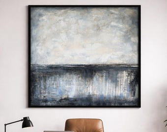 Black and White Abstract Painting Minimalist Wall Art Textured Canvas Modern Neutral Decor 28"x28"