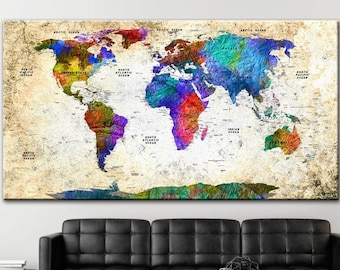 Pushpin World Map Beige Print Colorful Poster Photo Print Set Multi Panel Frameless Art Map Photo Print Living Room Wall Art Modern Decor