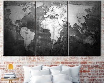 Gran mapa del mundo gris Mapa blanco negro imprimir lienzo impreso foto mapa del mundo multipanel imagen gráfica arte arte de pared para la decoración de la sala de estar