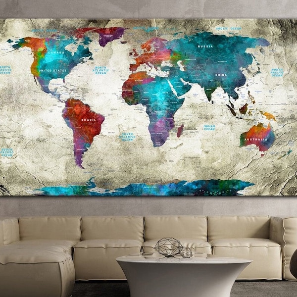 World Map Canvas Wall Art Educational Multi Panel Print Wanderlust Map of the World Wall Hanging Decor for Office