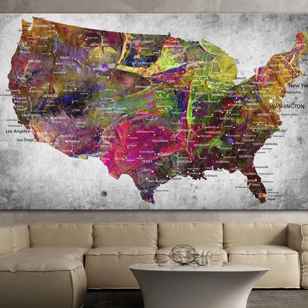 Gray USA Map Abstract Colorful USA Map Multi Panel Print Wall Hanging Decor Modern Textured Print for Living Room Decor