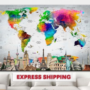 Grande carte du monde Imprimer sur toile Carte de voyage colorée Affiche créative Collage coloré Multi Panel Carte éducative Art pour le décor de salon