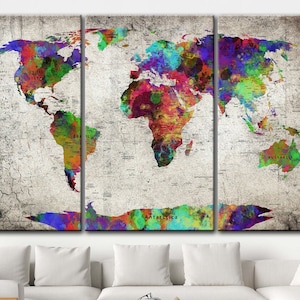 Impression de carte du monde, carte du monde abstraite colorée, affiche d'art mural, impression de texture grunge en détresse pour la maison et le bureau, carte du monde éducative