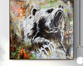 Large Abstract Bear Painting, Urban Street Art Canvas, Aggressive Animal Wall Decor for Modern Office