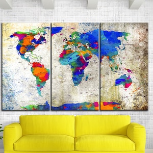 Carte du monde Toile Art Mur Grande Carte Colorée De La Carte Du Monde Multi Panel Imprimer Carte Éducative Aventure Imprimer pour Salon Décor Mur