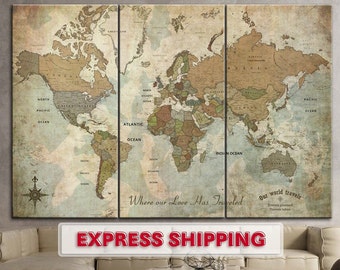 Retro World Map Wall Art Multi Panel Adventure Map Print Wall Hanging Decor