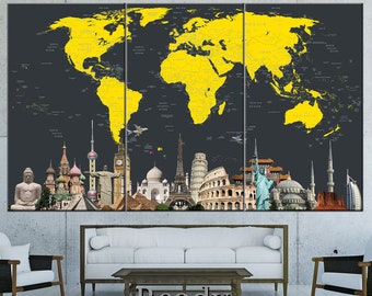 Push Pin World Map Luxury Modern Art Black Background Art Yellow Print Map Wonders Of The World Map Wall Art Canvas Gift Living Room Decor