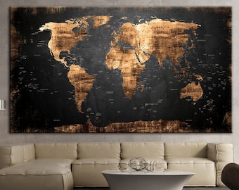 Large World Map Print Canvas Black and Gold Map Poster Adventure Map of the World Multi Panel Wall Art Wall Hanging Decor Gift for Traveler