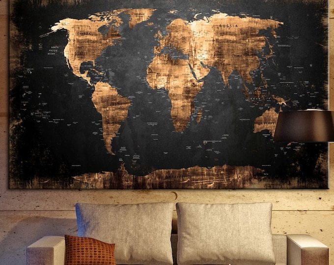 Antique World Map Canvas – Vintage Gold Cartography Wall Art, Rustic Travel Decor for Office or Home