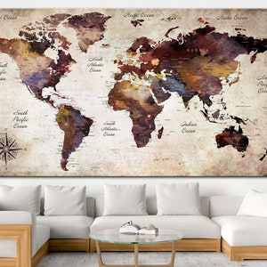 Vintage bruine punaise wereldkaarten print op canvas hedendaagse reizen multi panel print originele muur hangende decor voor thuis of op kantoor