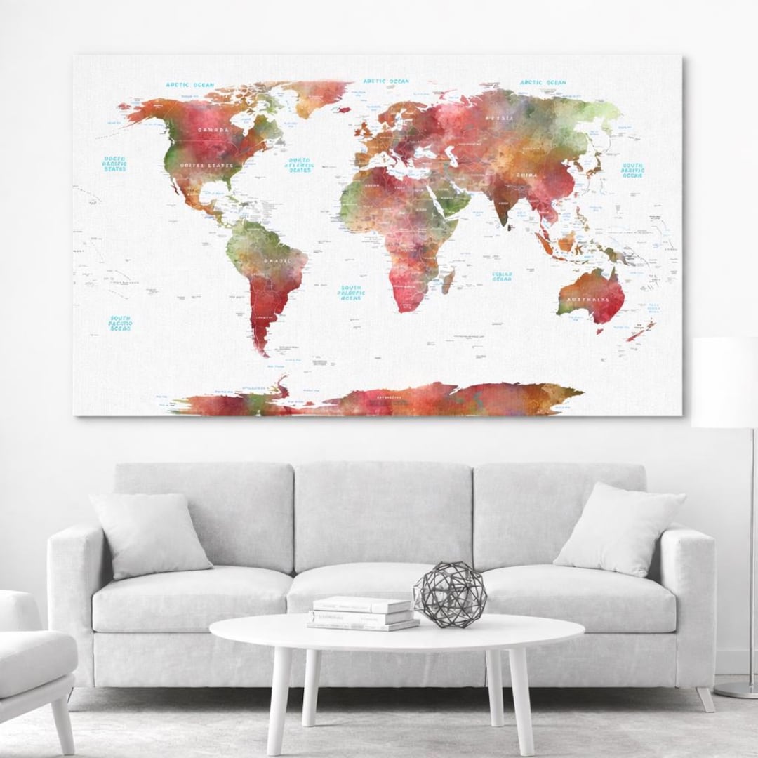Large Watercolor World Map Canvas Print Colorful Continents Travel Wall ...
