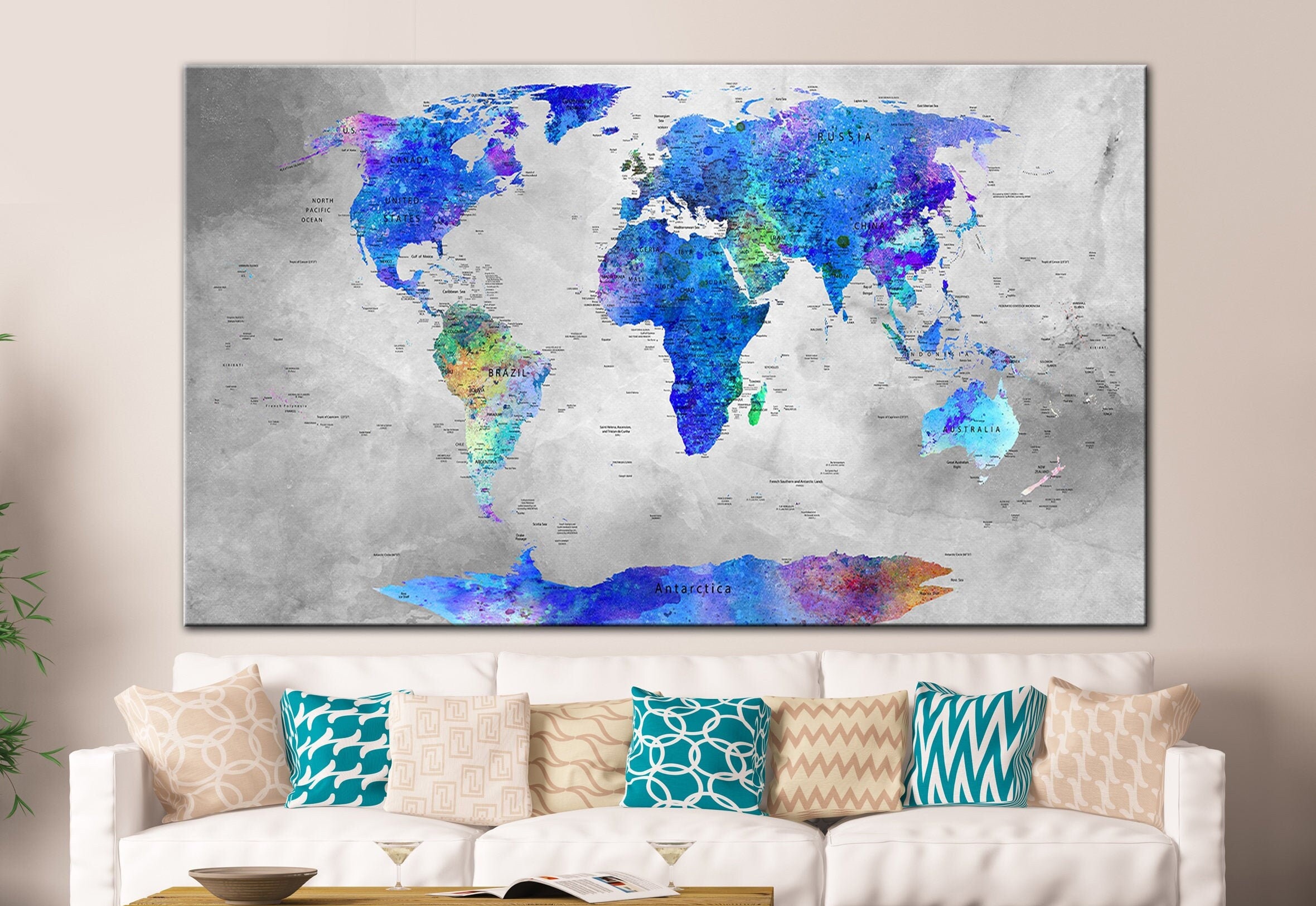Large World Map Canvas World Map Print Set World Map Wall Art Etsy