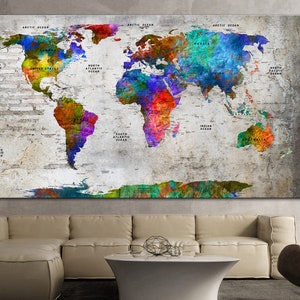 Push Pin Kleurrijke Wereldkaart Afdrukken op Grijze Achtergrond Moderne Multi Panel Foto Print Origineel Kantoor Muur Hangend Decor