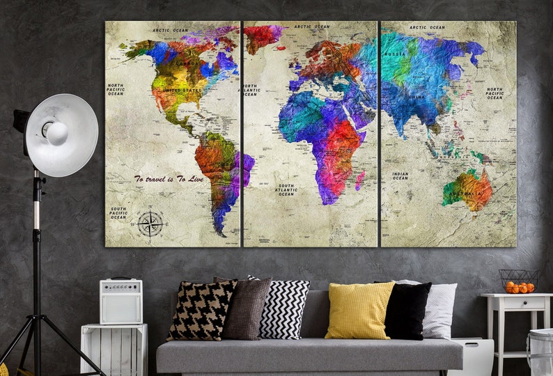 Large Colorful World Map Canvas Print Travel Wall Art World Map Wall ...