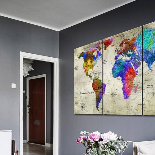 Large World Map Print on Canvas Colorful Map Of The World outlet Poster Multi Panel Wall Art Gift for Travelers Educational Print for Office Decor