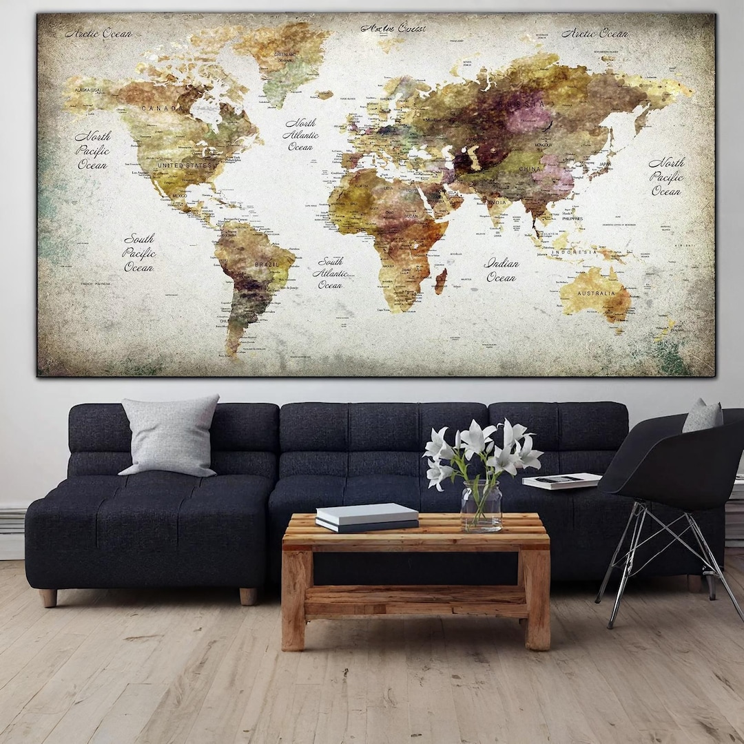 Large Watercolor World Map Canvas Print, Vintage Travel Wall Art ...