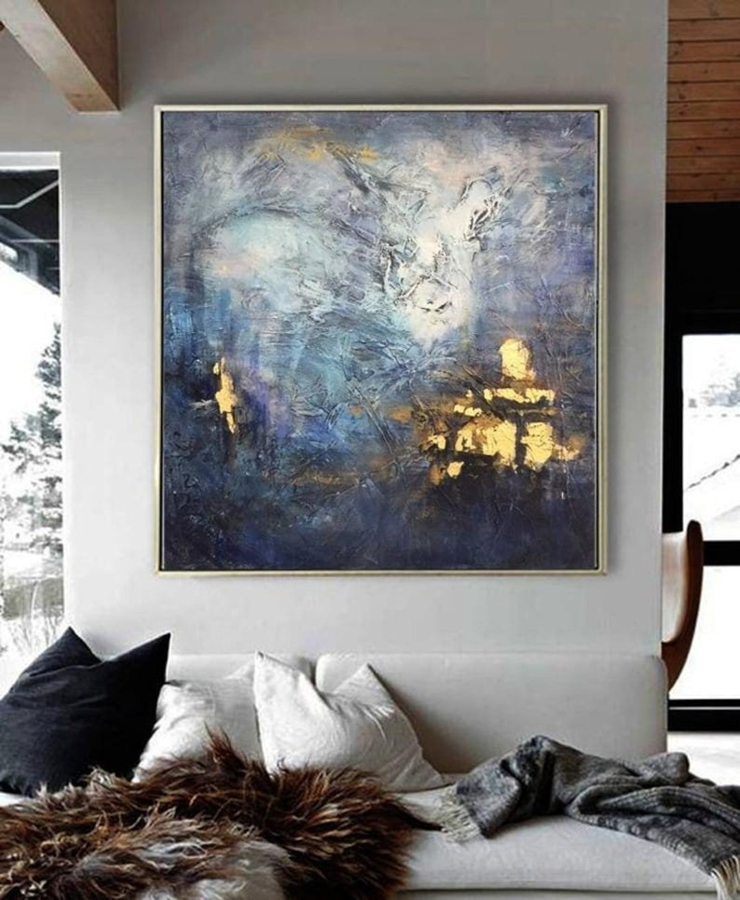 Large Blue Abstract Gold Leaf Painting, Modern Textured Canvas Wall Art ...