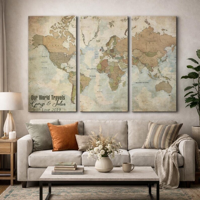 Large Antique World Map Canvas – Vintage Travel Tracker Wall Art Multi ...