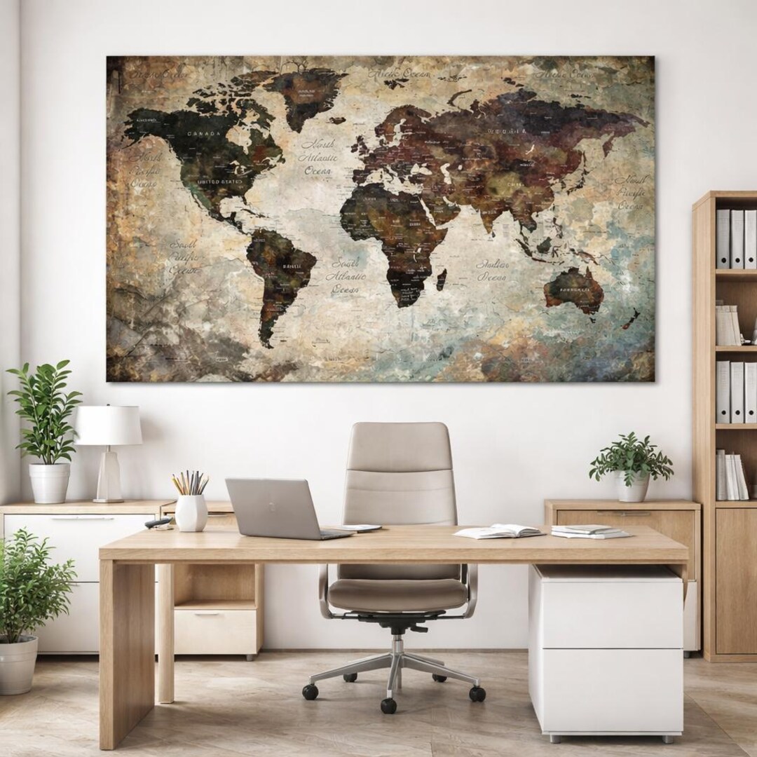 Large Push Pin World Map Canvas, Vintage Travel Tracker Wall Art for ...