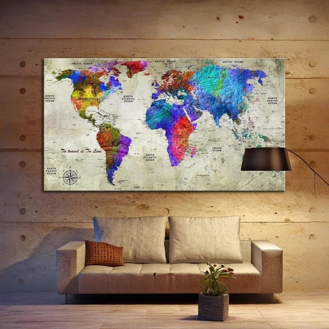 Large Colorful World Map Canvas Print Travel Wall Art World Map Wall ...