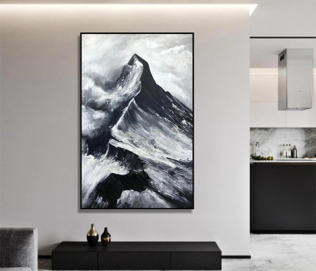 Large Black and White Mountain Painting Abstract Landscape Textured ...
