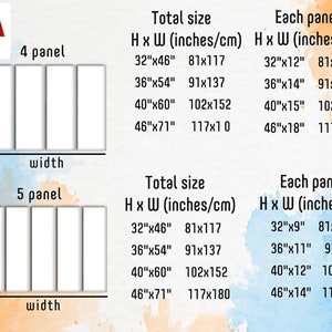 May include: A chart showing the different sizes of canvas prints available for 4 and 5 panel sets. The chart shows the total size of the print in inches and centimeters, as well as the size of each individual panel in inches and centimeters.